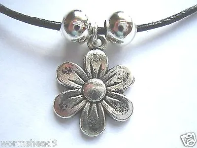 Daisy Flower Shaped Silver Coloured Pendant Black Waxed Cotton Cord Necklace • £2.99