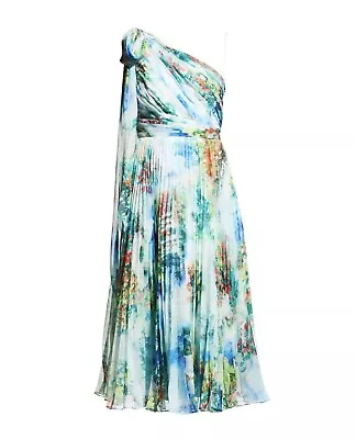 $595 MARCHESA NOTTE One-shoulder Pleated Chiffon Midi Dress 10 Multicolor Green • $299