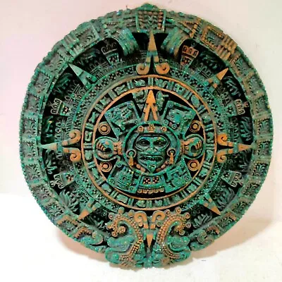 Vintage Engraved Wall Maya Aztec Calendar Sun Large Crush Malachite Stone Panel • $195