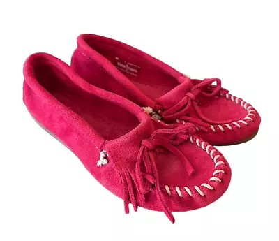 Minnetonka Womens Kilty Hardsole Moccasin Size 7 Red Suede Leather Casual Boho • £24.05