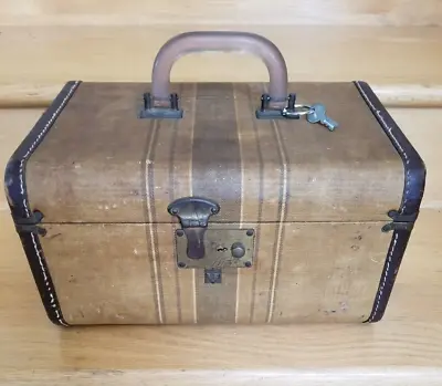Vintage Suitcase Striped Cosmetic Train Case W/KEY By US Trunk Co Fall River MA • $69.95