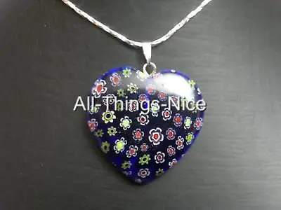 MILLEFIORI Murano Flower 30mm Love HEART Dark Blue Pendant Necklace Jewellery • £4.50