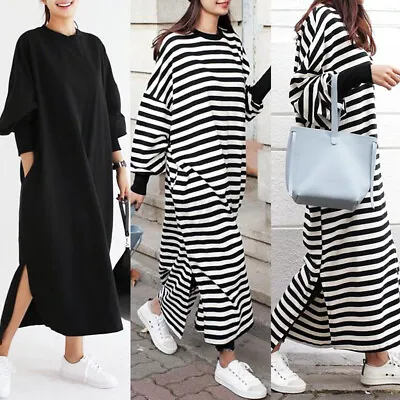 £18.70 • Buy UK STOCK Womens Oversize Striped Long Sleeve Casual Loose Long Maxi Dress Kaftan