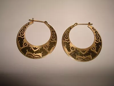 Vintage Unique Designed Engraved 14k Solid Yellow Gold Huge Gypsy Hoop Earrings • $544.99