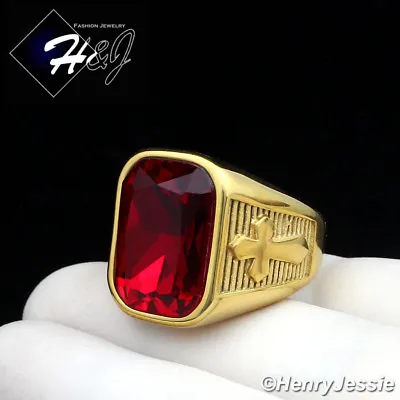 MEN's Stainless Steel Simulated Ruby Rectangle Gold Plated Cross Ring*GR112 • $15.99