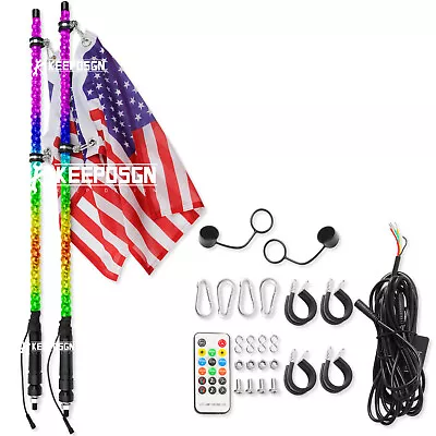 Pair 3FT ATV UTV Spiral RGB LED Whip Lights Chase Antenna + US Flag & Remote • $99.13