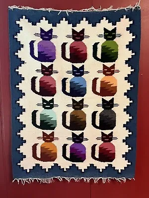 Vintage Native American Hand Made Wool Tapestry Cats Kitten Pop Art 22” X 29.5” • $99.95