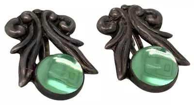 Sterling Silver Mexico TAXCO Green Glass 1 1/8  Screw Back Earrings Signed 8.96g • $59.99