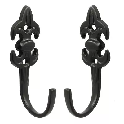 £6.45 • Buy 2x Black Fleur De Lys CURTAIN TIE BACK HOOKS Screw On Wall Mounted Hold Backs