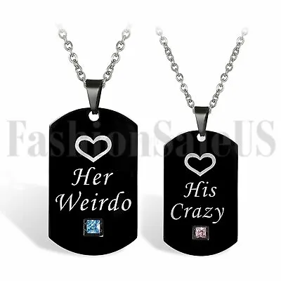 His Crazy Her Weirdo Couple Necklace Stainless Steel CZ Lovers Matching Pendant • $13.99