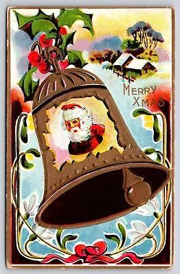Holiday Santa~Santa On Bell & Holly Merry Xmas Greeting~Vintage Postcard • $4.70