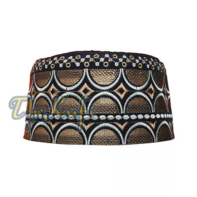 African Tall Omani Black Base With Silver Brown Plain Arch Embroidery Kufi Hat • $9.21