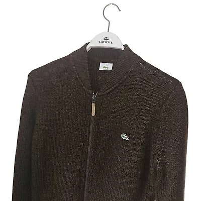 Men's LACOSTE Premium DEVANLAY Brown CABLE Knit ZIP Front CARDIGAN 3 S-M *VGC* • £19.95