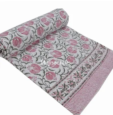£39.99 • Buy Indian Beautiful Kantha Quilt Hand Block Pink Floral Print Vintage Kantha Throw 
