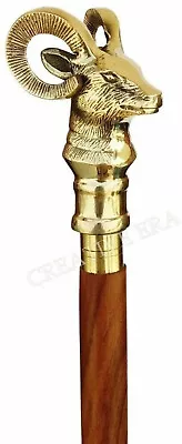 $30.60 • Buy Solid Brass Goat Look Head Handle Antique Shaft Wooden Walking Stick Cane Gift