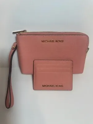 Michael Kors Pink Saffiano Leather Jet Set Double Gusset Wristlet Clutch W/cc Wa • $35