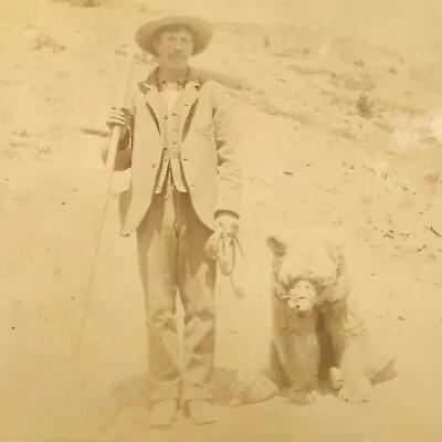 Real Photo Man In Suit With Live Pet Bear Miles City Montana Clark Cabinet Card • $99.99