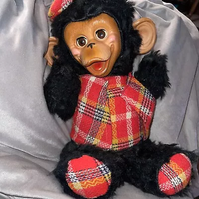 Vintage Gund Monkey Rubber Faced Plush Sleepy Eyes Open Close Red Plaid 16” GVC • $50