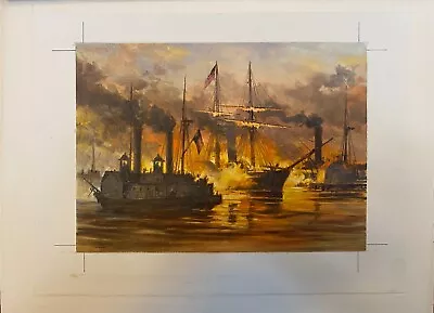 Original Painting Of A Civil War Naval Battle With Sailing Ships And Ironclads • $90