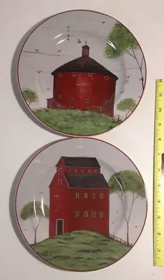 2 Plates Red  Barns   8.25  Salad Plates  By Warren Kimble For Sakura  (1998) • $11.23