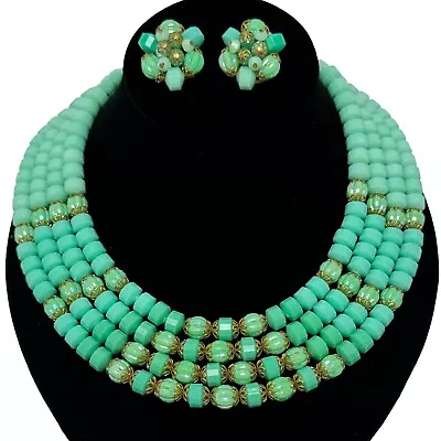 Vintage Spring Green Lucite Beaded 4 Strand Necklace And Earrings W Germany • $53.85