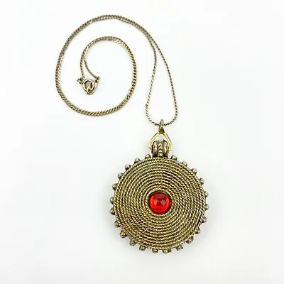 Vintage Callejero Perfume Locket Pendant Necklace Red Stone Goldtone Marked • $19.99