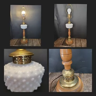 Vintage Hobnail Milk Glass Wood And Brass Mid-Century Table Lamp • $40