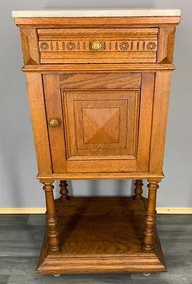 Carved French Antique Bedside Table Cupboard Cabinet With Marble Top (LOT 642) • £249