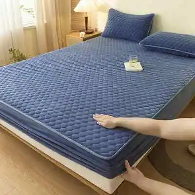 Crystal Velvet Thicken Quilted Mattress Cover Warm Bed Fitted Sheet Bedspread • $18.61