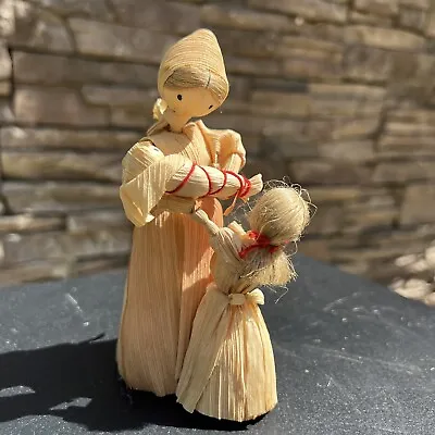 Czechoslovakia Fork Art Corn Husk Doll Mom With Baby And Daughter 5” • $12