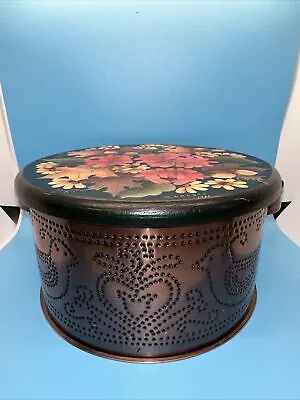 Vintage Folk Art Copper Punched Cookie Keeper Wsigned Handpainted Wooden Lid • $45.99