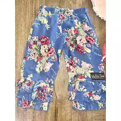 Matilda Jane Gypsy Blue Bouquet Ruffled Linen Pants Sz 2 • $12