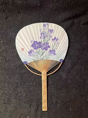 Japanese Flat Fan Hand Held Bamboo Handle Kingyo Flower Made In Japan STAMPED  • $19.99