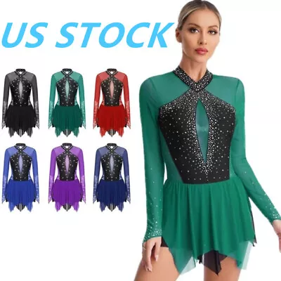 US Womens Shiny Figure Ice Skating Dance Dress Long Sleeve Leotard Dancewear • $19.75