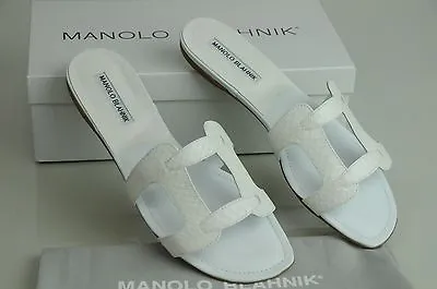 $875 New Manolo Blahnik Grella WHITE Snakeskin Flat Slide Sandals Shoes 40 • $465