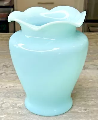 McKee Chalaine Robin's Egg Blue Milk Glass Ruffled Rim 8  Sarah Flower Vase • $750