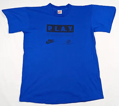 Vintage 80s 90s Nike T-Shirt Men's Size Large Grey Tag Made In USA Blue P.L.A.Y. • $14.52