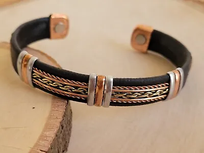 Solid Copper Leather Wrapped Magnetic Bracelet Men Women Energy Pain Brass Chain • $10.95