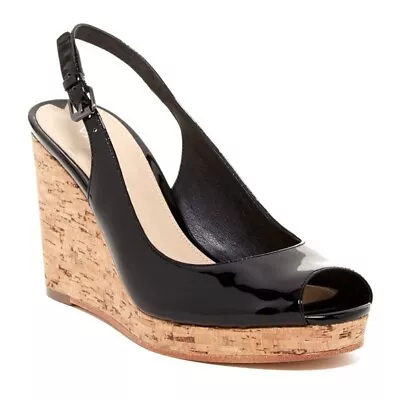 Via Spiga Romia Slingback Wedge Black Patent Leather High Heel Womens Size 8.5M • $37.69