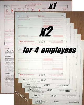 2019 IRS Tax Forms W-2 Wage Stmts 4 Employees LASER 6-pt +(1)W3 #TF5650 NO Env • $10.95