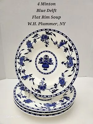 4 Vintage MINTONS Blue Delft Flat Rim Soup Bowls 9  W.H. Plummer NY • $48