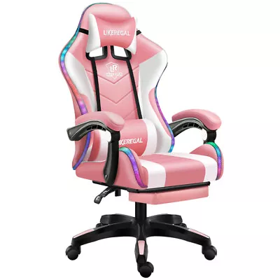 $199 • Buy LED Rim Massage Pink Professional Ergonomic PU Leather Gaming Chair W/Footrest 