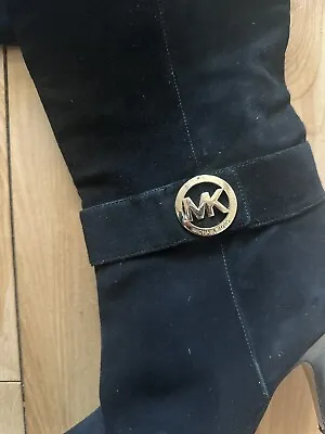 Michael Kors Caroline Black Suede  Boots High Heel Size 10 Gold Logo & Zipper • $90
