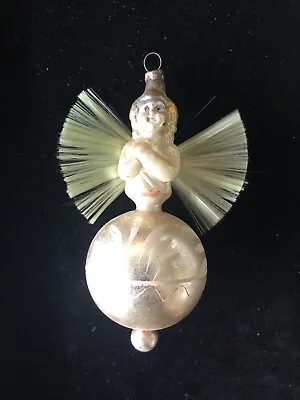 RARE Antique Vintage German Angel On Ball With Green Spun Glass Wings • $525