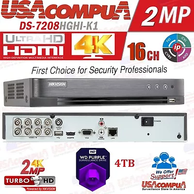 HIKVISION 8 CH DVR DS-7208HGHI-K1 +2 IP CH TVI/AHD/IP/1080P H264+/4TB Hard Disk • $239.99