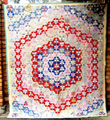 Antique SEVEN SISTERS QUILT Hand Stitched & HAND PIECED FEED SACK Touching Stars • $95