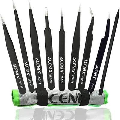 ACENIX® 8 Pcs Set Professional Precision ESD Anti-Static Tweezers + Black Nylon • £7.99