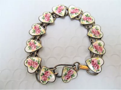 Vintage Bliss Brothers Pink Roses Enamel Hearts Gilt Sterling Silver Bracelet • $98