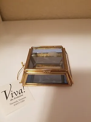 Vintage Viva Footed Flower Etched Blue Glass Brass Trinket Box With Lid • $9.75