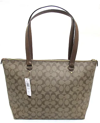 NEW Authentic COACH Signature Gallery Carry All Top Zip Tote Khaki/Saddle/Gold • $185